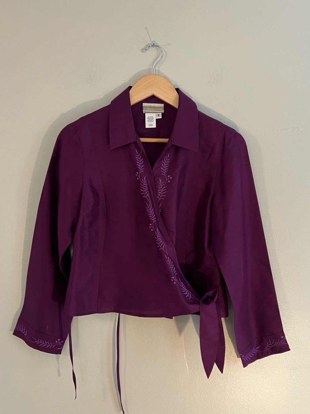 Coldwater Creek Purple Silk Embroidered Wrap Blouse Fairy Elegant Feminine